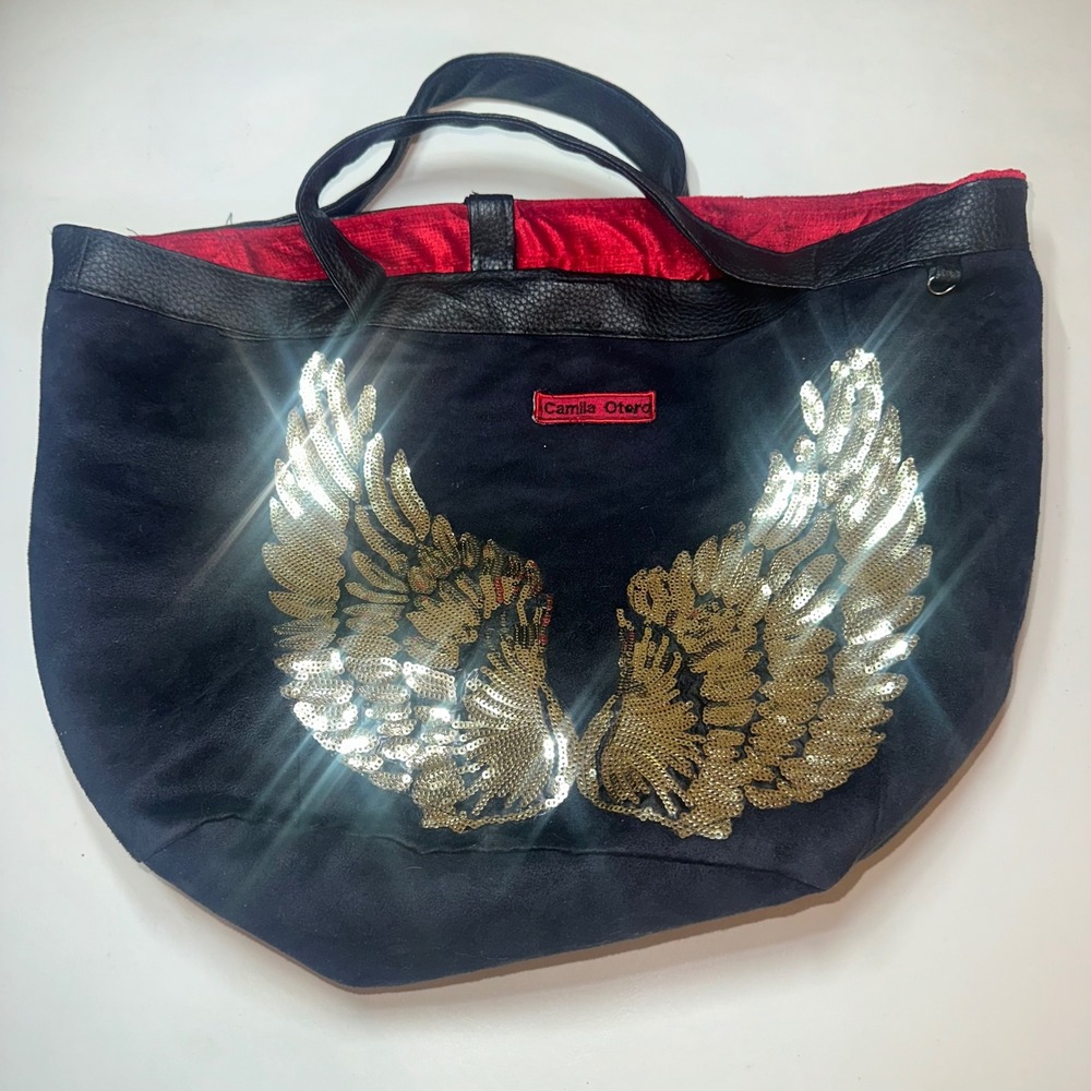 Suede Sequin Navy Gold tote bag with liberty angel wings Y2K 2000s style